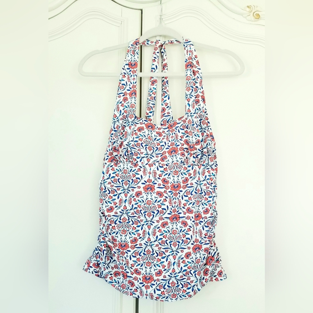Lands End White Blue Coral Floral Ruched Halter Built In Bra Tankini Top 4 NEW